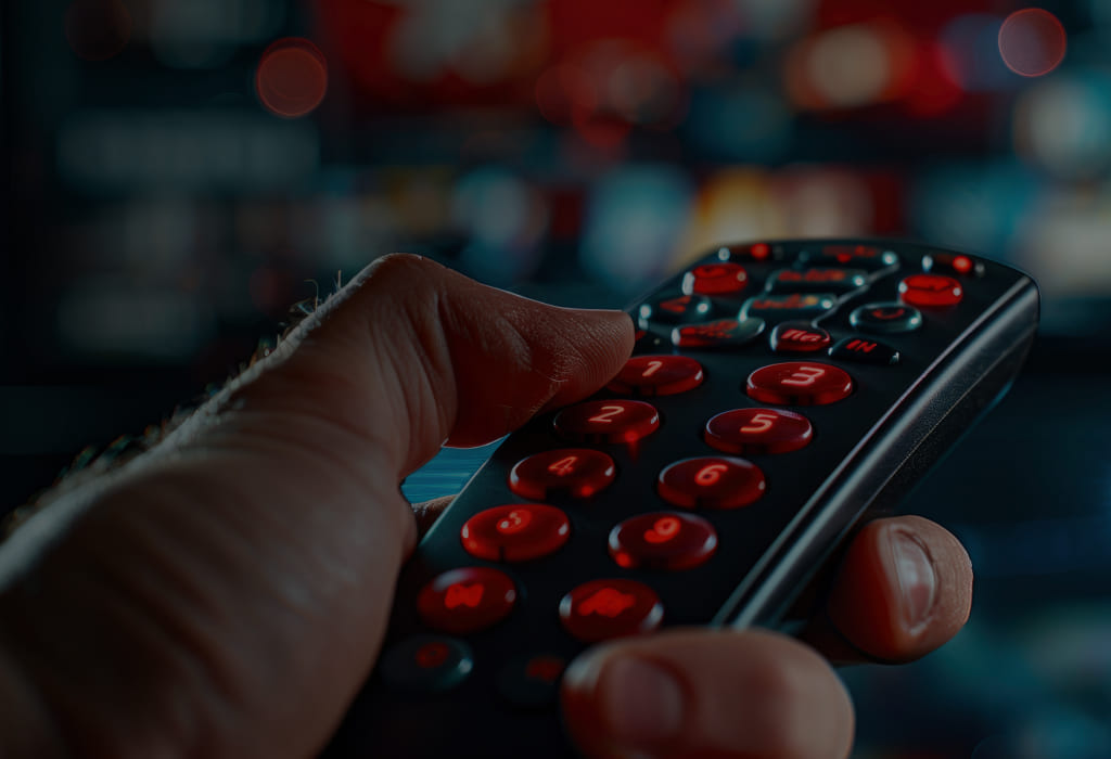 Пользователь управляет подпиской «Большое ТВ» на телевизоре через пульт, готовясь отменить платную подписку